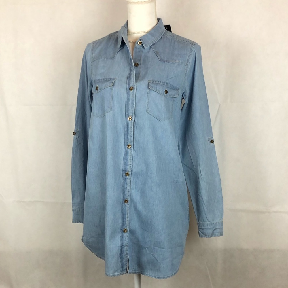 Timing Button Up Denim Collared Top Rollup Sleeves - Picture 2 of 8